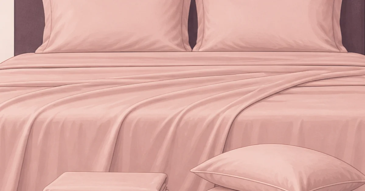 Flat blush illustration of smooth bamboo sheets on a queen bed with a folded spare set
