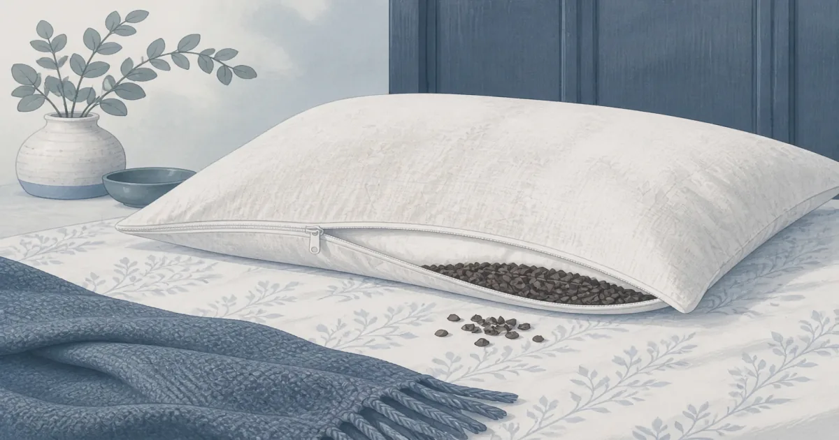 Soft flat illustration of an adjustable buckwheat hull pillow on calm bedding