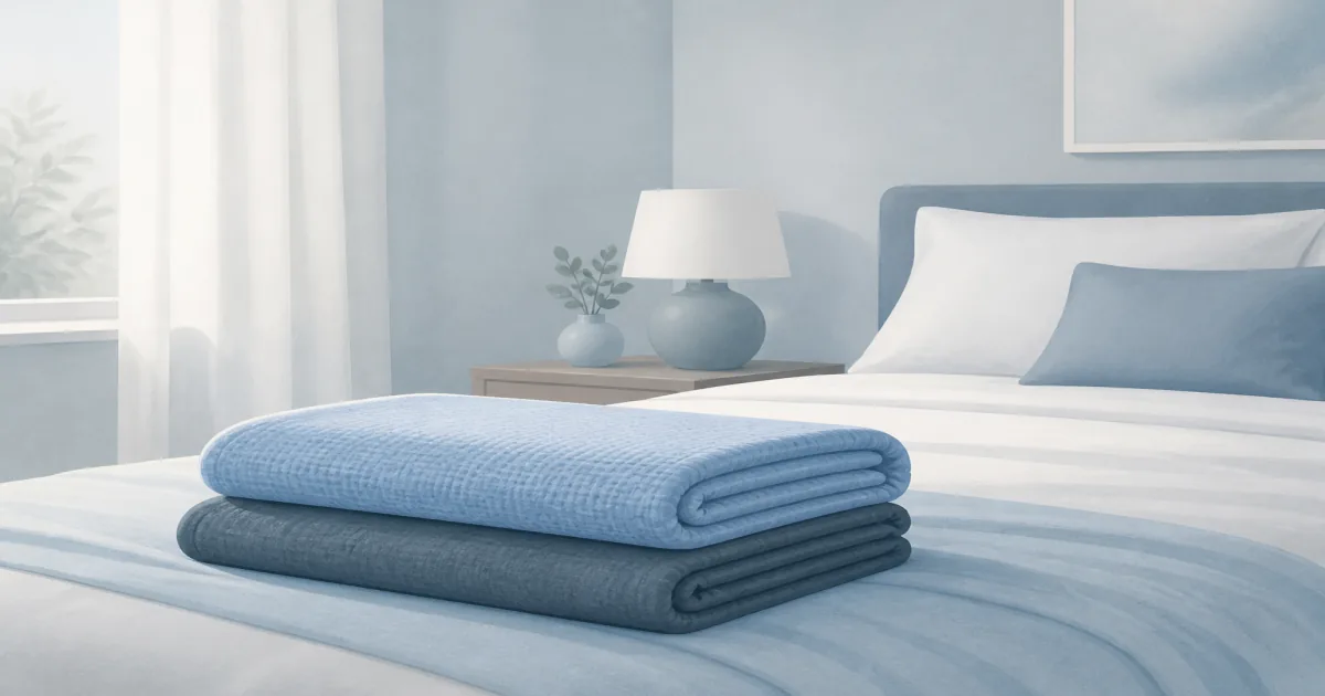 Flat pastel illustration of two lightweight cooling blankets folded at the foot of a bed