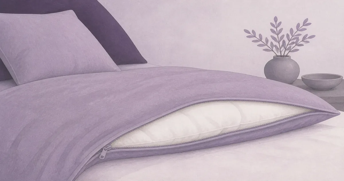 Soft flat illustration of a duvet cover being slipped over an insert on a bed
