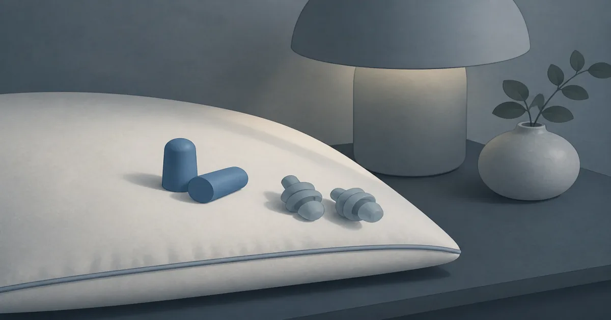 Soft flat illustration of foam and silicone sleep earplugs beside a quiet pillow