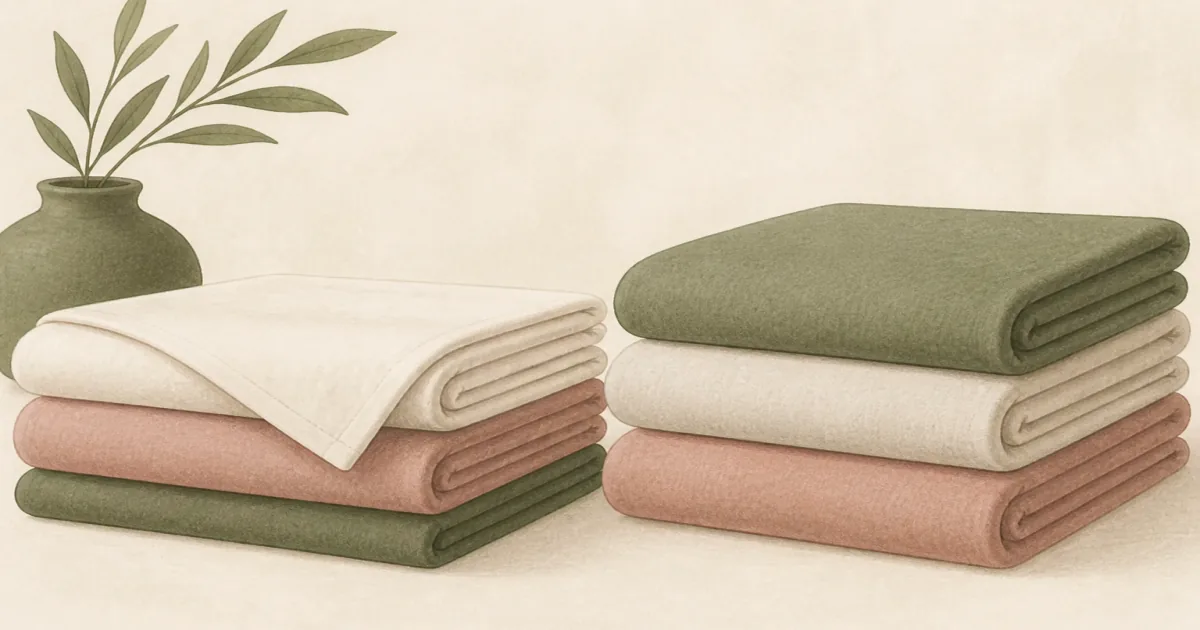 Soft flat illustration of folded cotton flannel sheets in warm winter tones