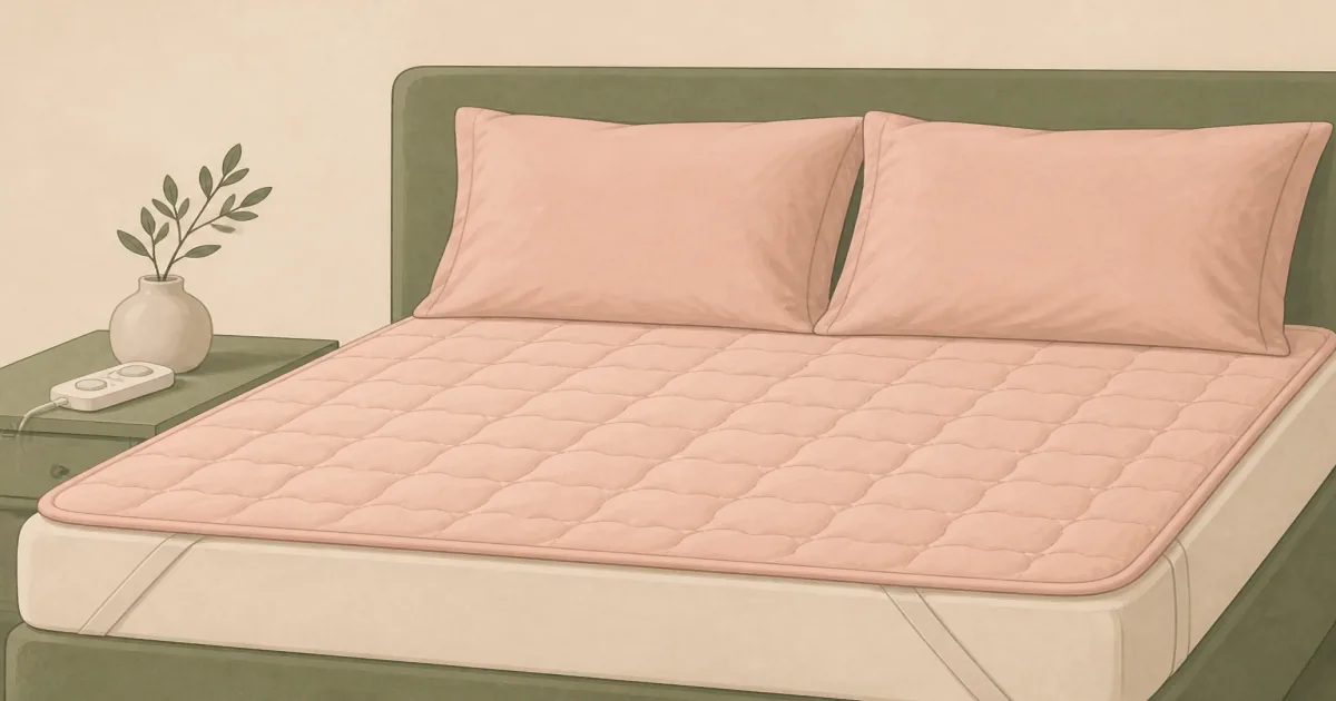 Soft flat illustration of a quilted heated mattress pad with dual controllers on a made bed