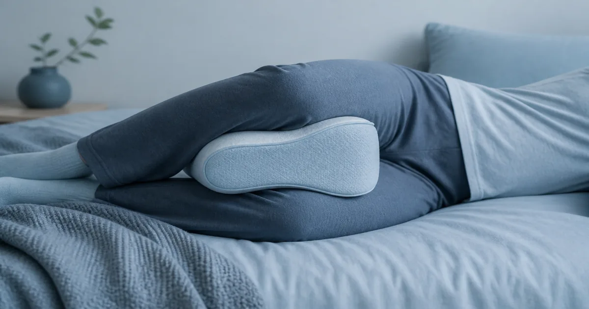 Soft flat illustration of a contoured knee pillow between bent knees on calm cool bedding