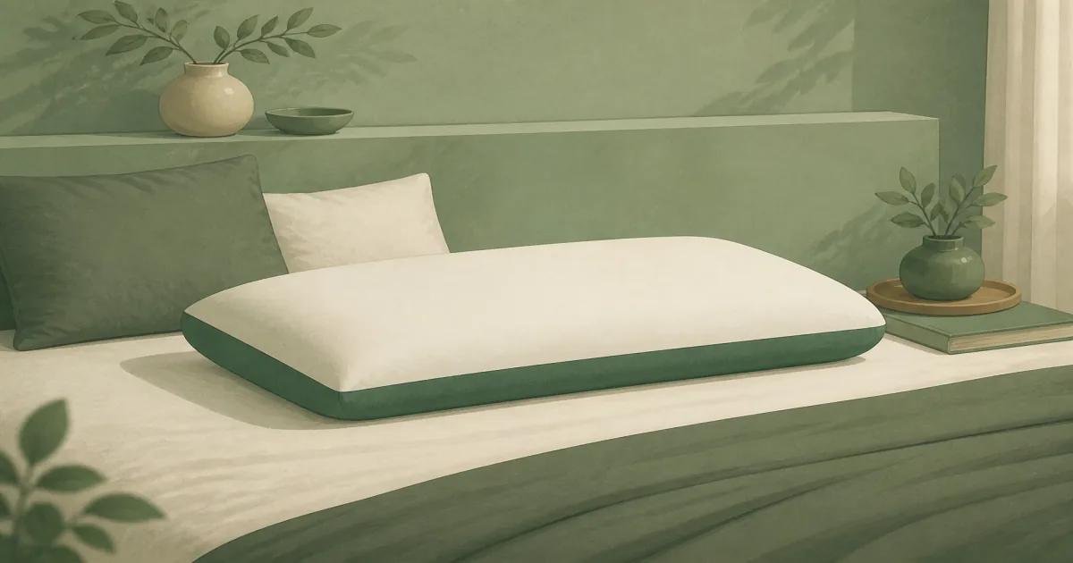 Soft flat illustration of a natural latex bed pillow with organic cotton cover on a quiet bed
