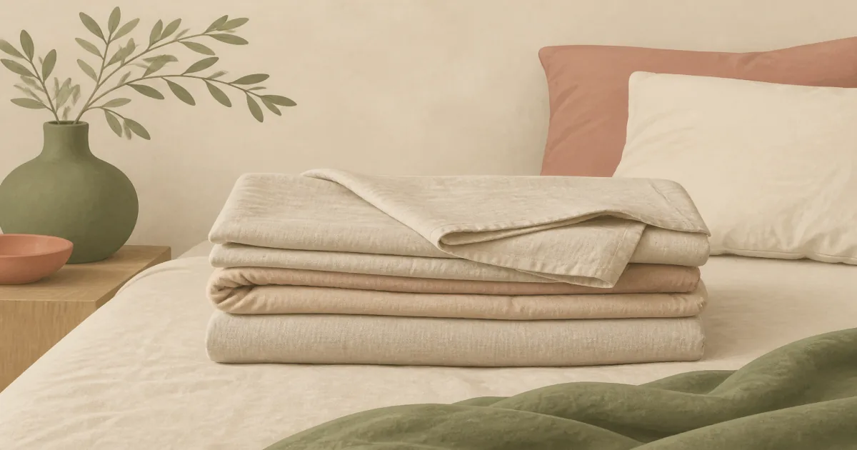 Folded stone-washed linen sheet stack in natural flax and soft beige on a quiet bed