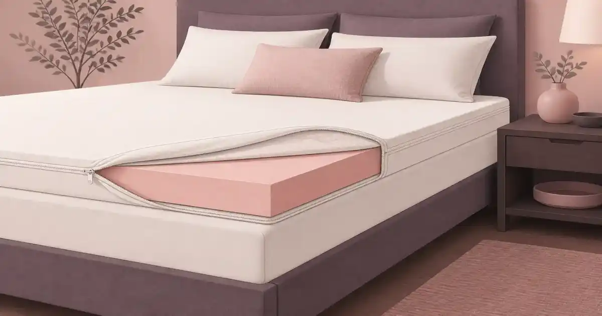 Flat illustration of a dense supportive foam mattress topper with a removable cover