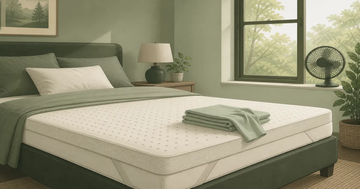 Breathable mattress topper and folded cooling bedding on a made bed near a fan