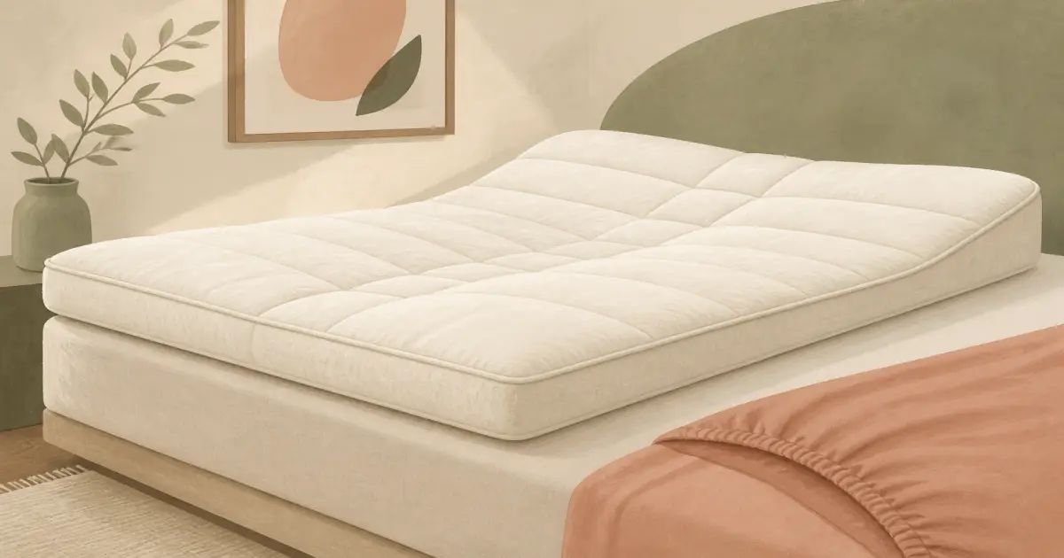 Soft flat illustration of a thick plush mattress topper on a quiet side-sleeper bed
