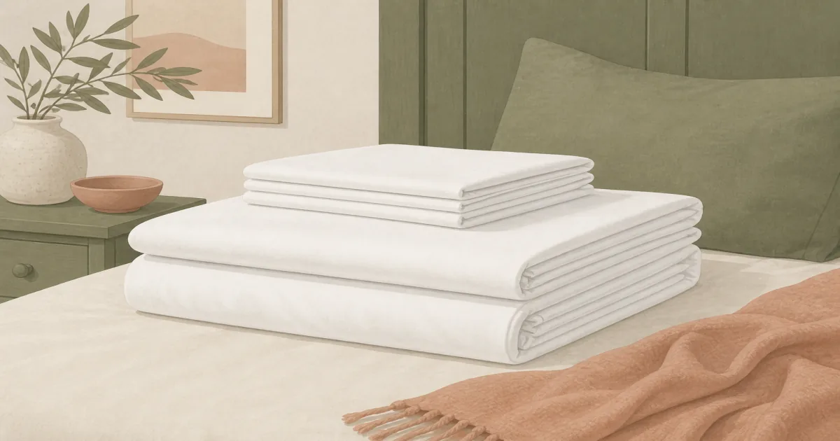 Stack of crisp white organic cotton percale sheets folded on a quiet bed