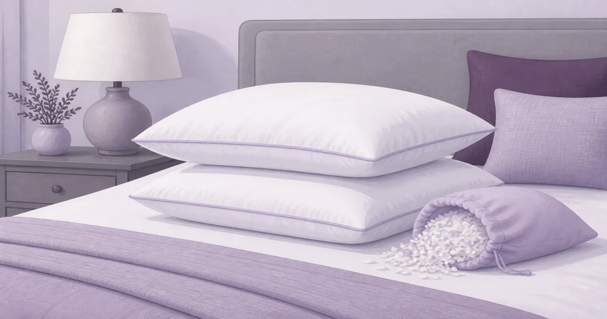 Medium-loft pillows and adjustable foam fill on a neatly made bed