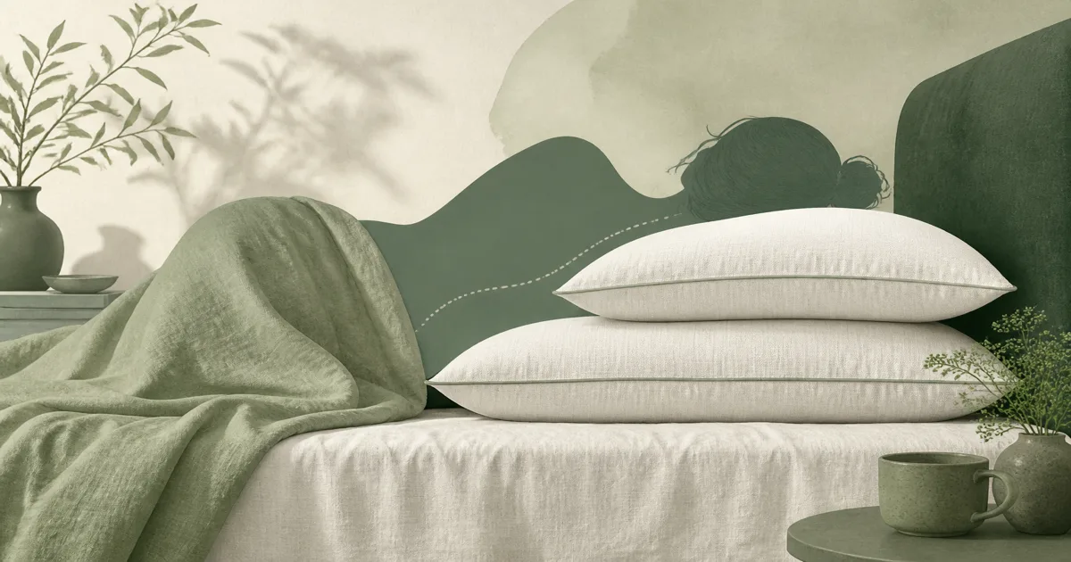 Soft flat illustration of supportive side-sleeper pillows on calm linen bedding