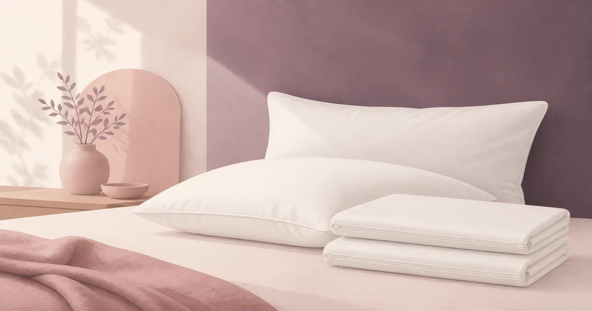 Flat pastel illustration of zippered cotton pillow protectors folded beside two bed pillows