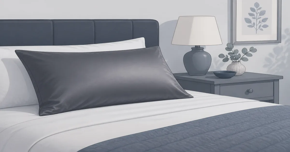 Dark grey satin pillowcase smoothed over a quiet bedroom pillow