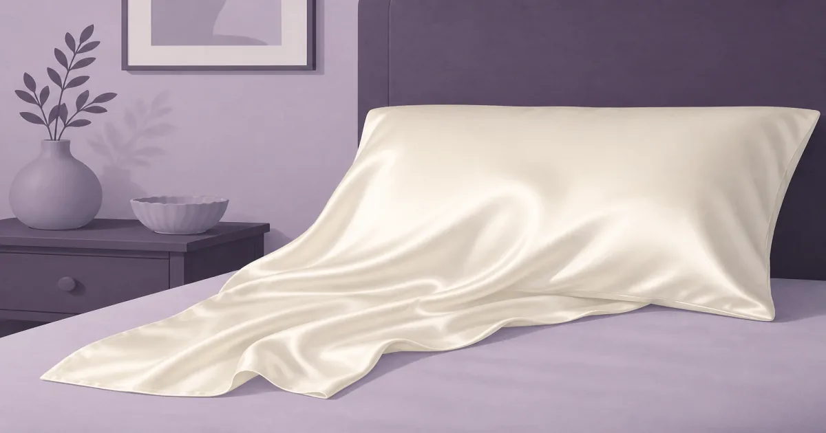 Smooth mulberry silk pillowcase in soft ivory draped over a quiet bedroom pillow