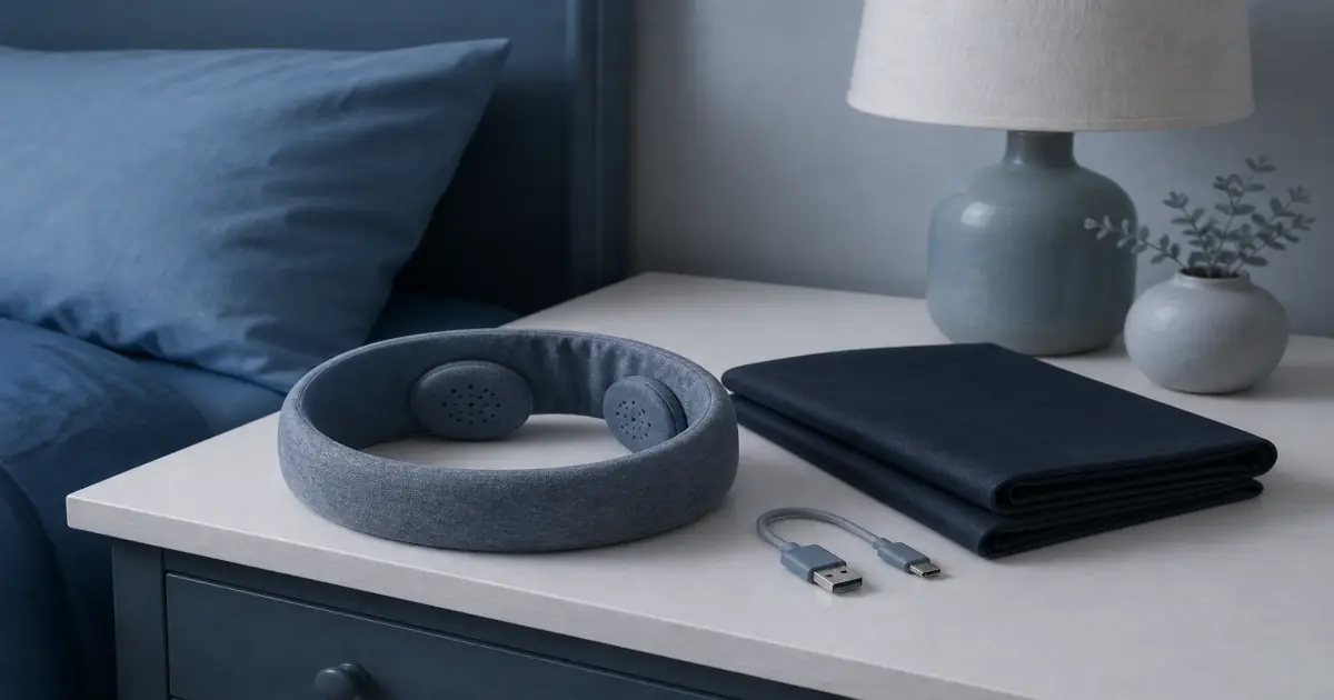 Soft flat illustration of a sleep headphone headband on a quiet nightstand