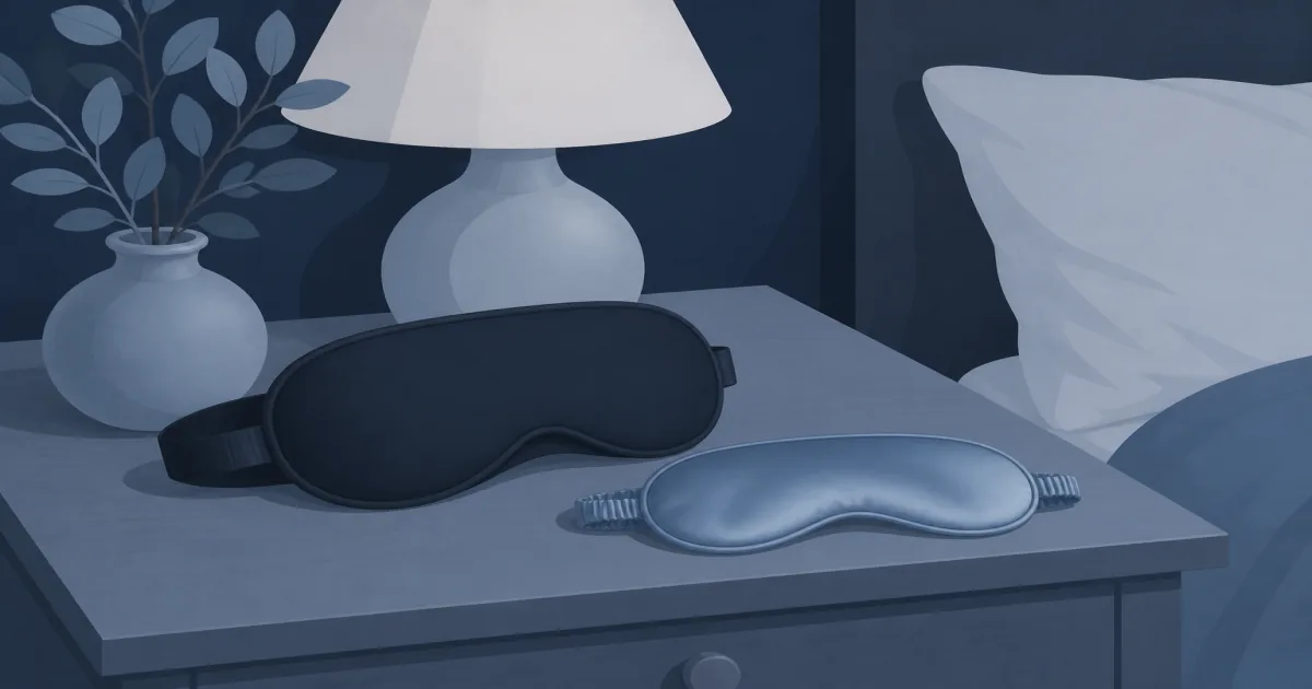 Contoured blackout sleep mask and slim silk eye mask on a calm nightstand