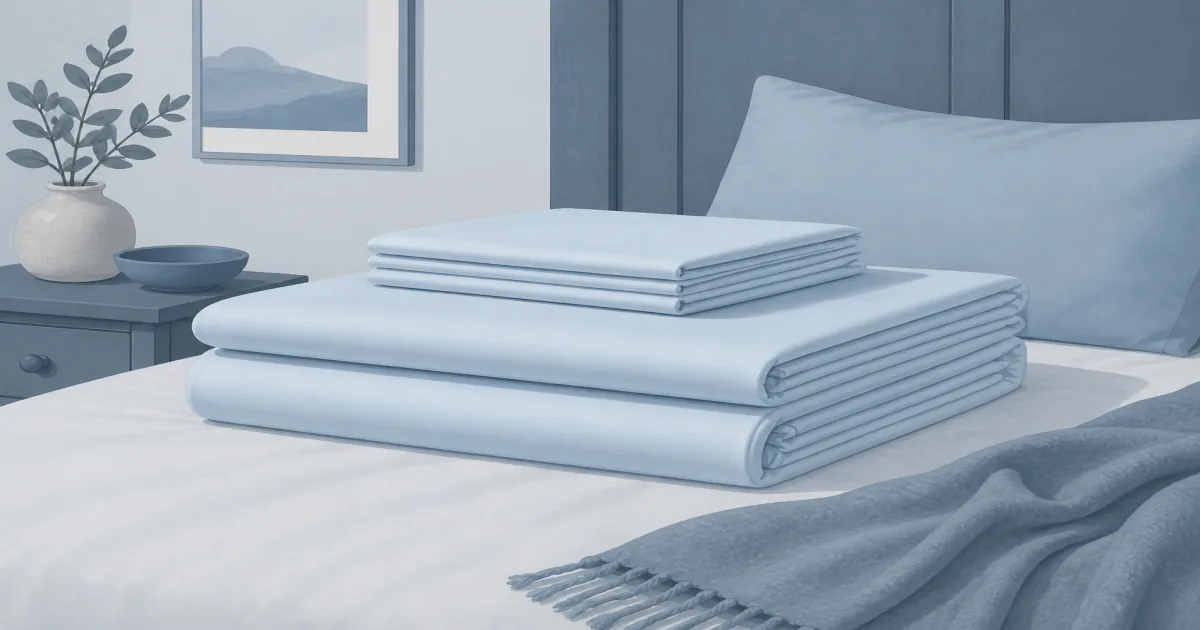 Soft sky-blue flat illustration of silky folded Tencel lyocell sheets on a quiet bed