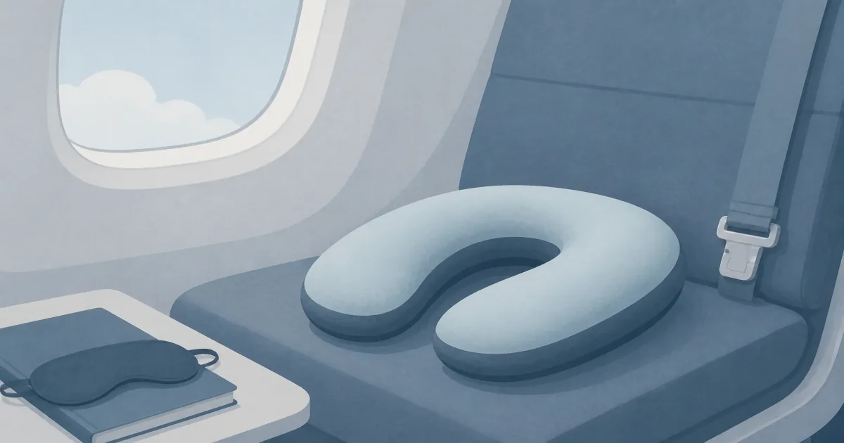 Soft flat illustration of a memory foam travel neck pillow on a calm airplane seat