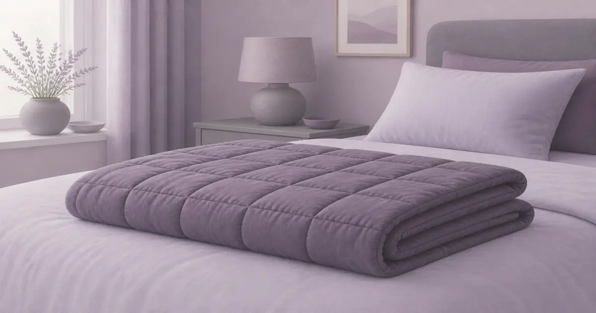 Soft flat illustration of a folded quilted weighted blanket on a quiet bed