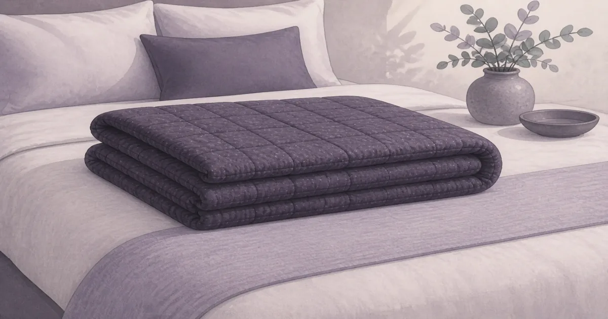 Soft flat illustration of a folded wool duvet insert on a quiet bed