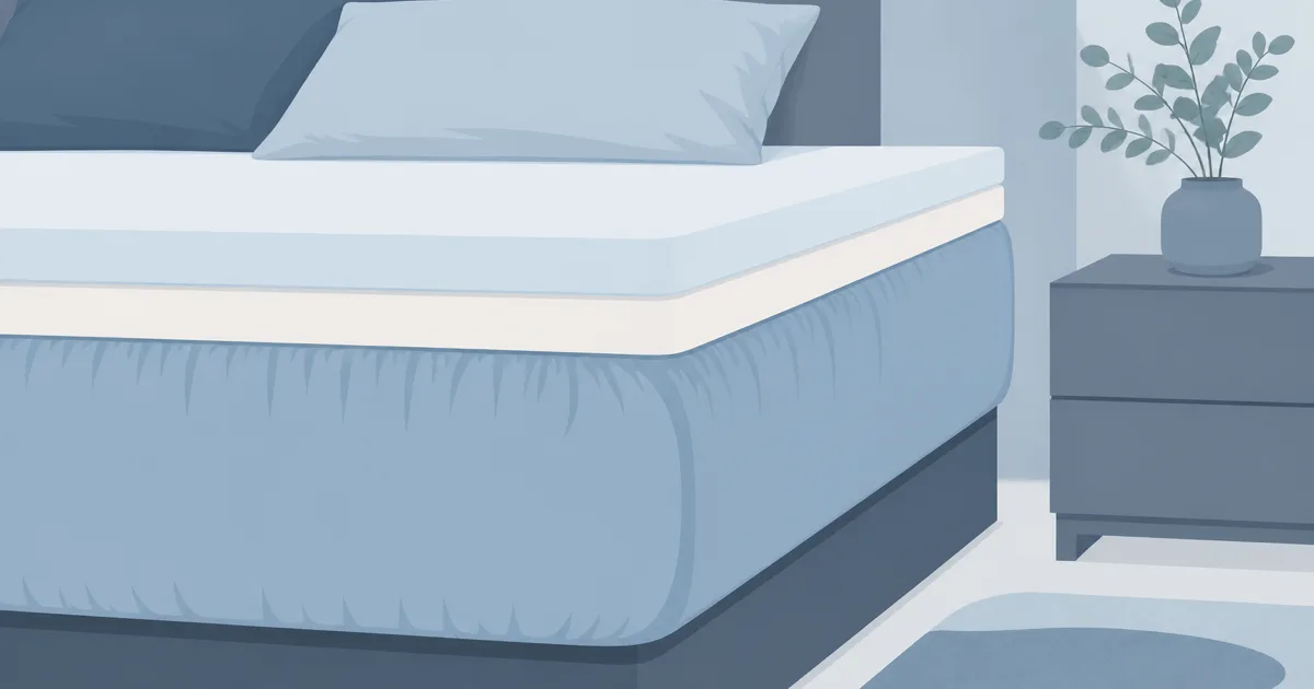 Flat sky-blue illustration of a deep fitted sheet stretched over a thick mattress and topper