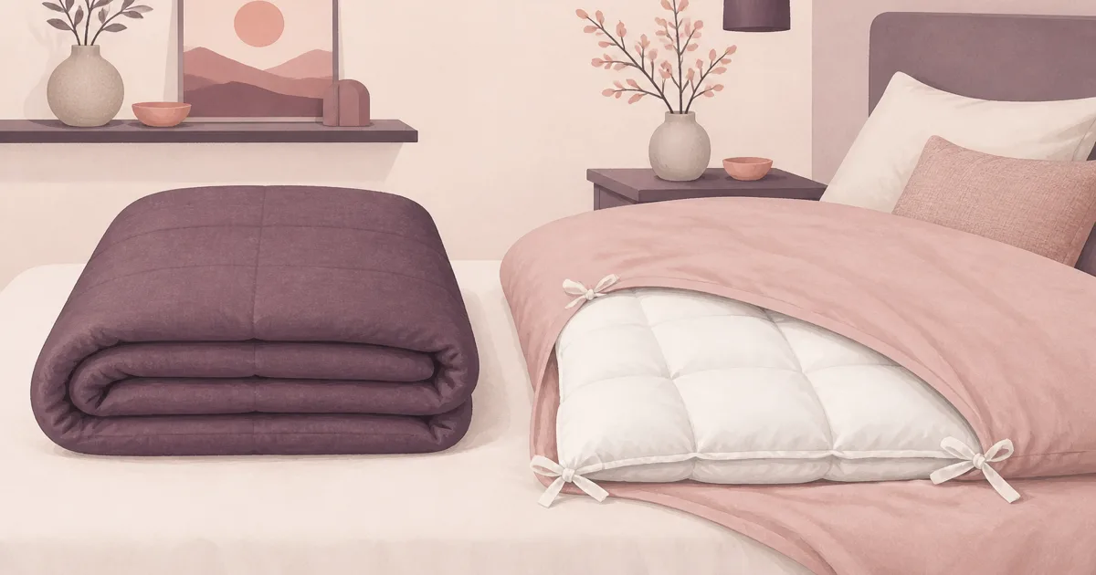 Flat blush illustration of a sewn comforter beside a duvet insert sliding into a cover