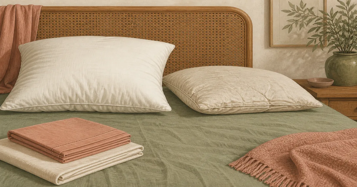 Flat warm-linen illustration of a plump pillow beside a flattened worn pillow