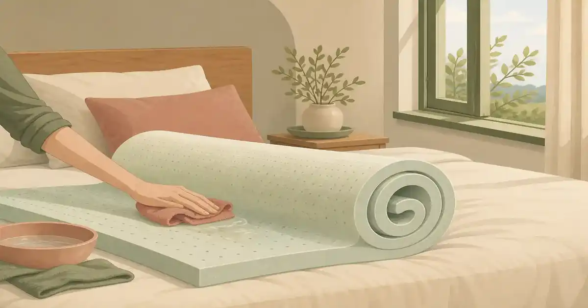 Flat illustration of a foam mattress topper being spot cleaned on a neatly made bed