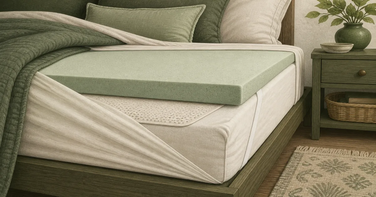 Flat sage illustration of a mattress topper held in place by a fitted sheet and non-slip layer