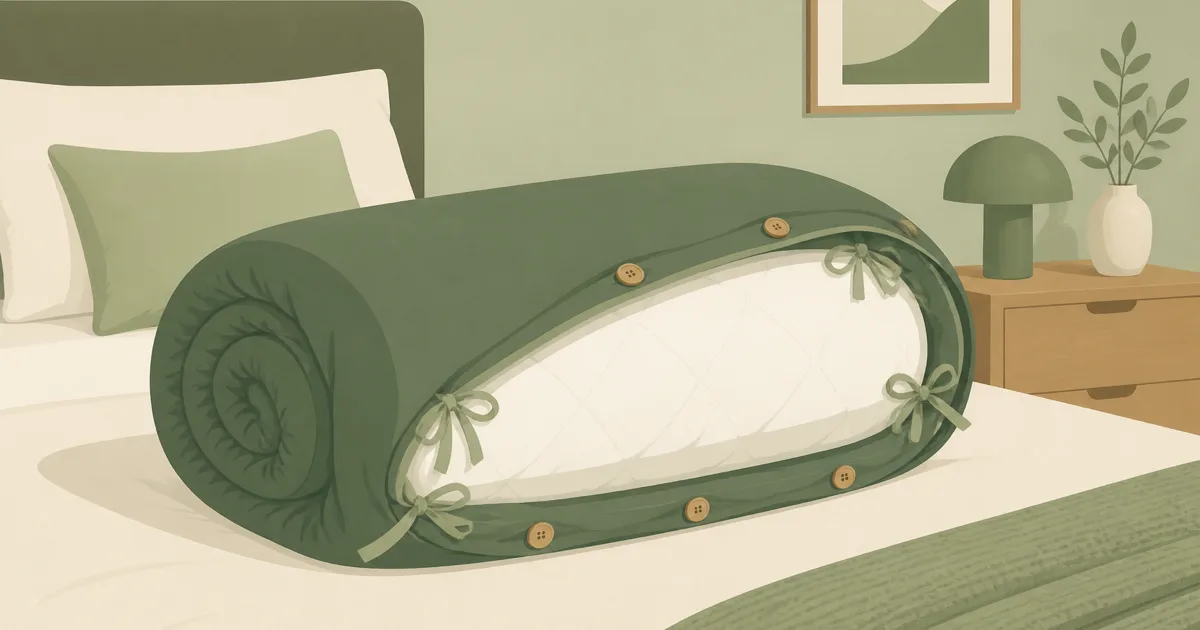 Flat sage illustration of a duvet cover rolled around an insert with corner ties visible
