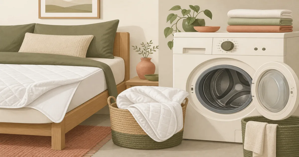 Quilted mattress protector beside a front-loading washing machine and clean folded bedding
