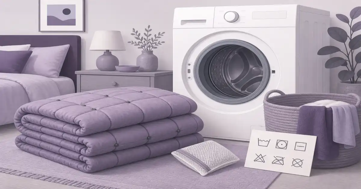 Flat illustration of a folded weighted blanket beside a washing machine