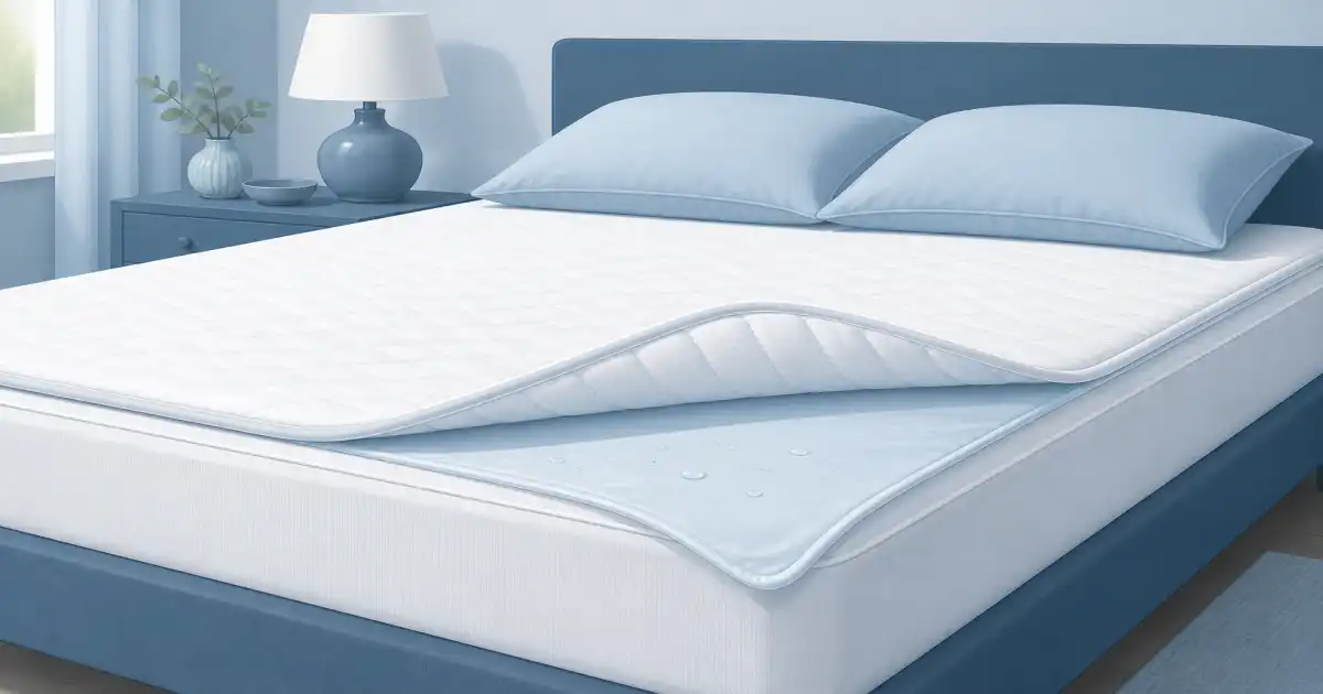 Flat illustration of a thin mattress protector and padded mattress layer on a bed