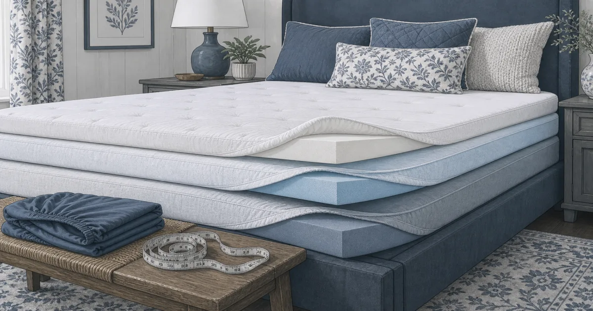 Flat slate-blue illustration of layered two, three, and four inch mattress toppers