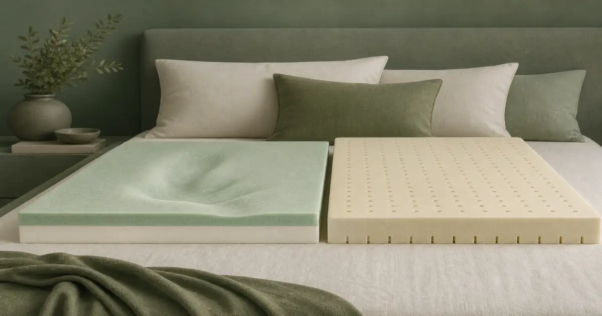Soft flat illustration of a memory foam topper beside a ventilated latex topper