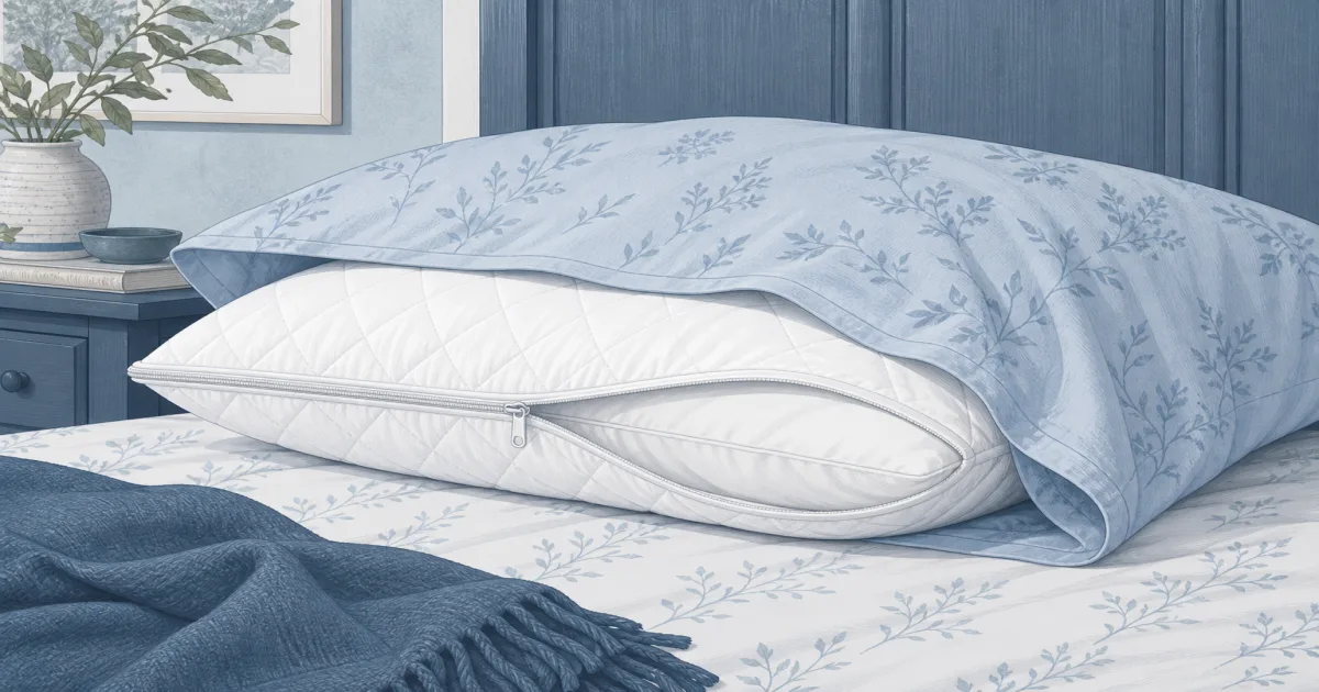 Flat sky-blue illustration of a zippered pillow protector under an outer pillowcase