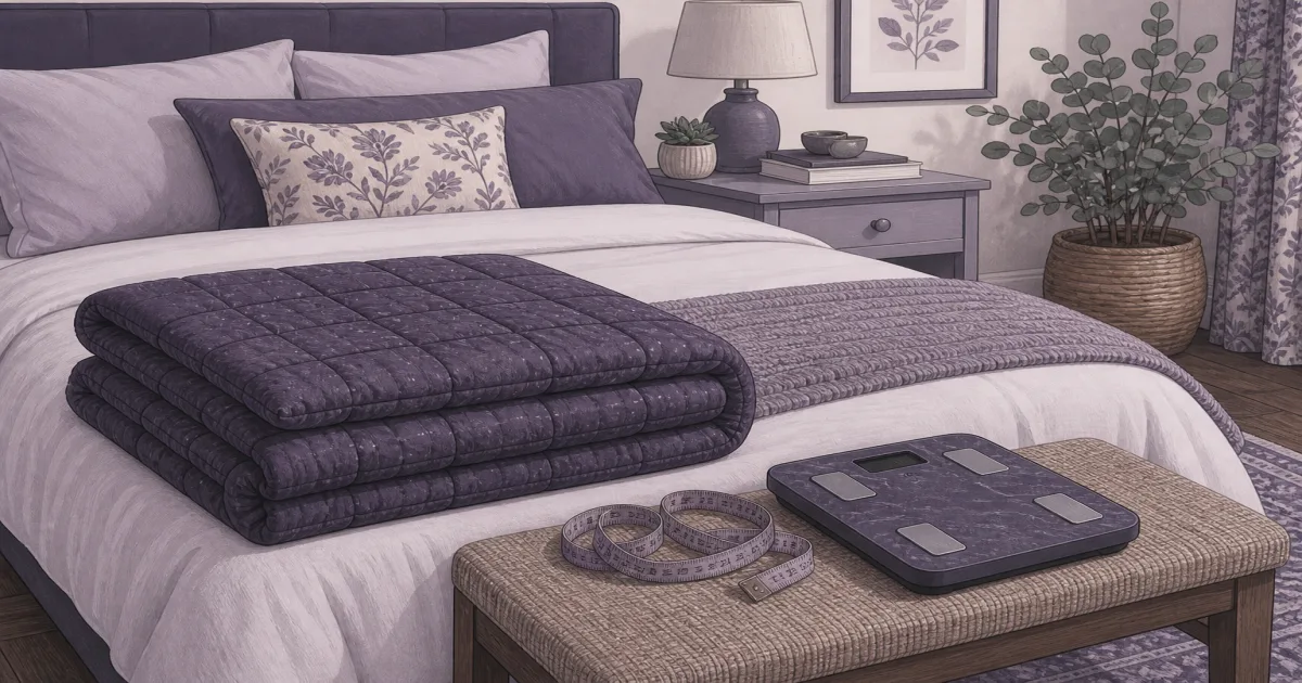 Flat lavender illustration of a folded weighted blanket, scale, and measuring tape on a bed