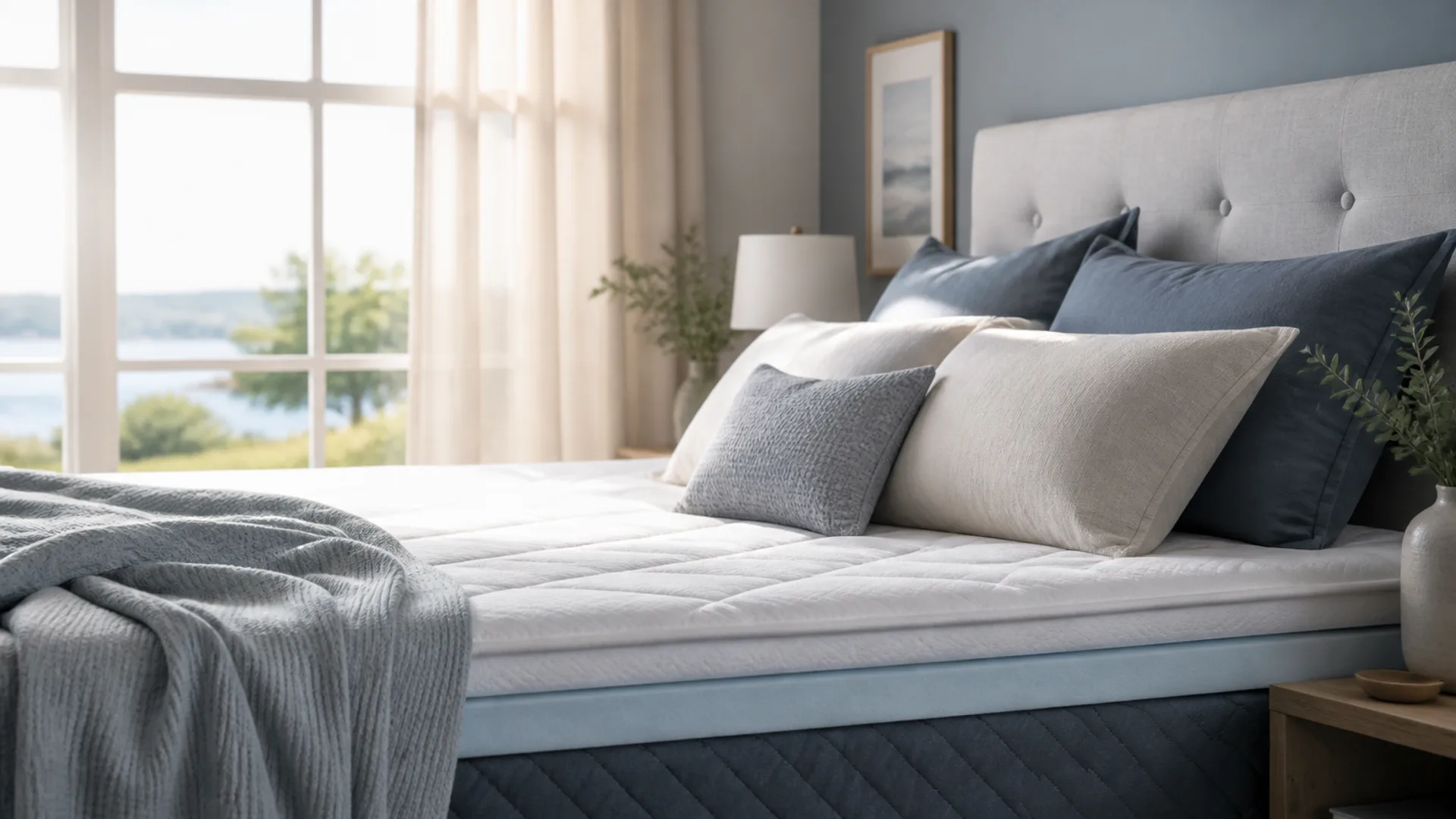 Layered mattress topper and pillows in soft slate sleep tones